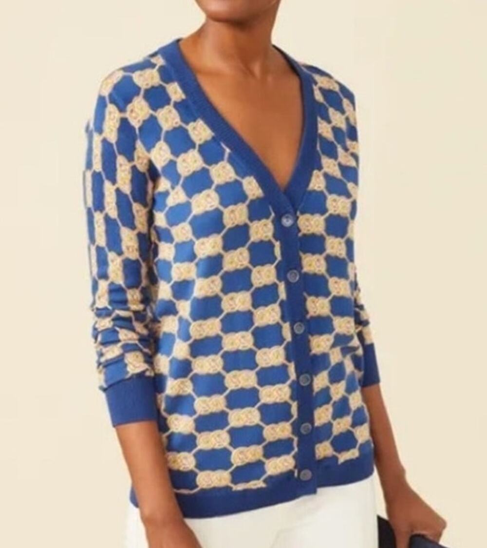 J McLaughlin Kristyn Cardigan XS Blue Heraldic Knot Print Button Front Sweater